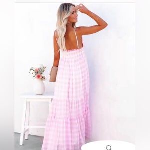Pink maxi gingham dress.